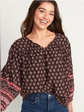 Old Navy Brown Boho Peasant Blouse Balloon Sleeve M NWT